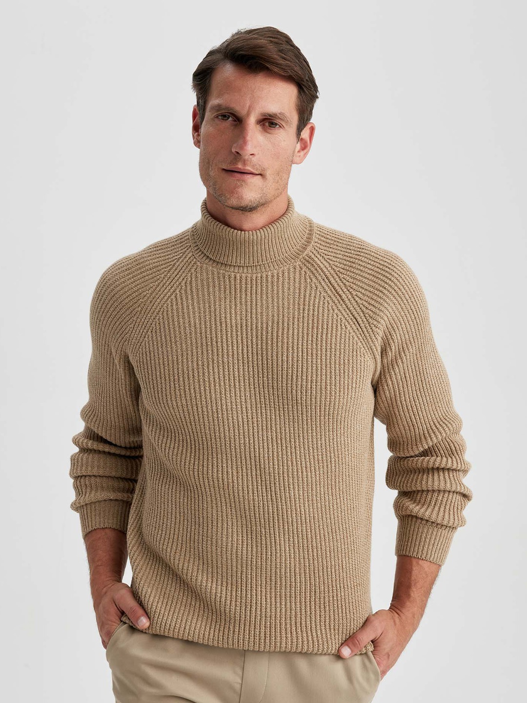 

DeFacto Turtle Neck Ribbed Pullover, Brown