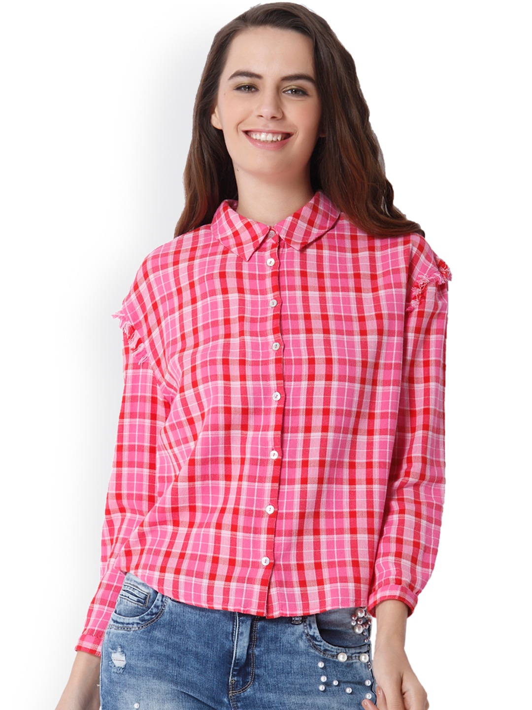 

ONLY Women Pink Regular Fit Checked Casual Shirt