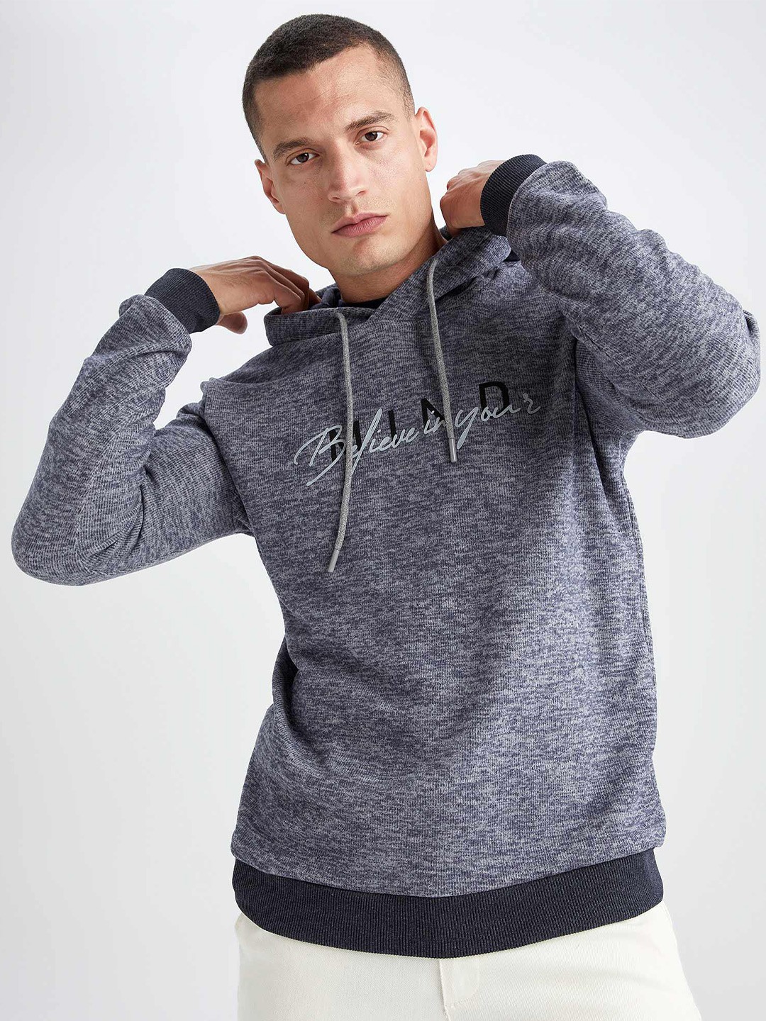 

DeFacto Typography Printed Hooded Pullover, Grey