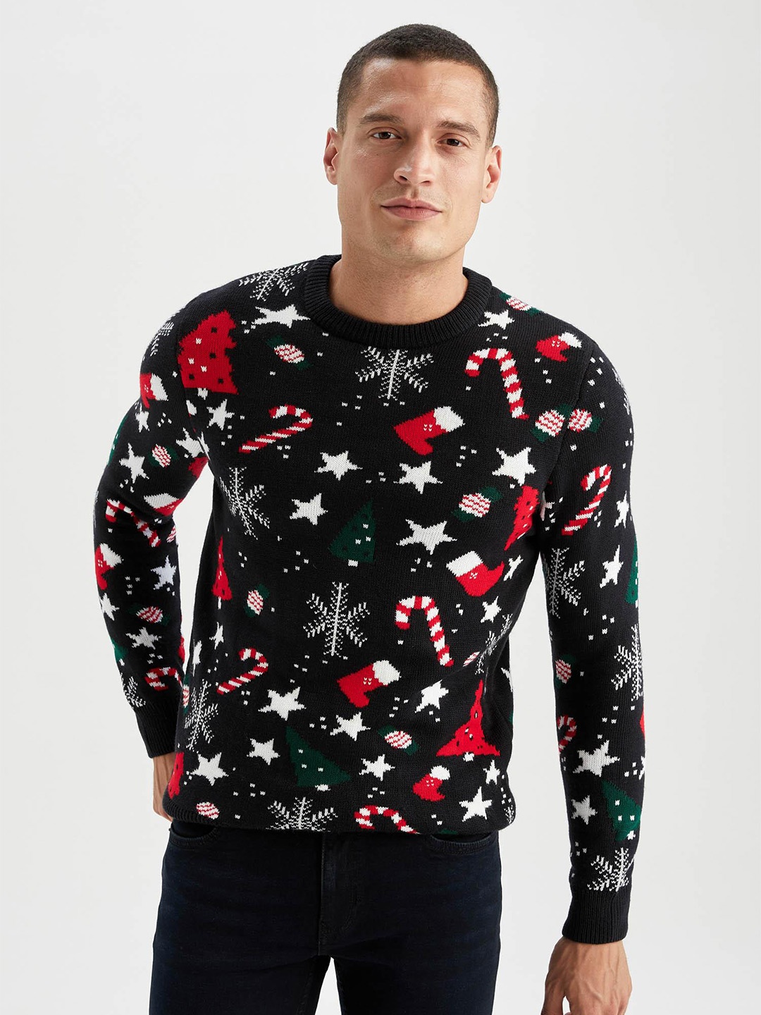

DeFacto Conversational Self Design Acrylic Pullover, Black