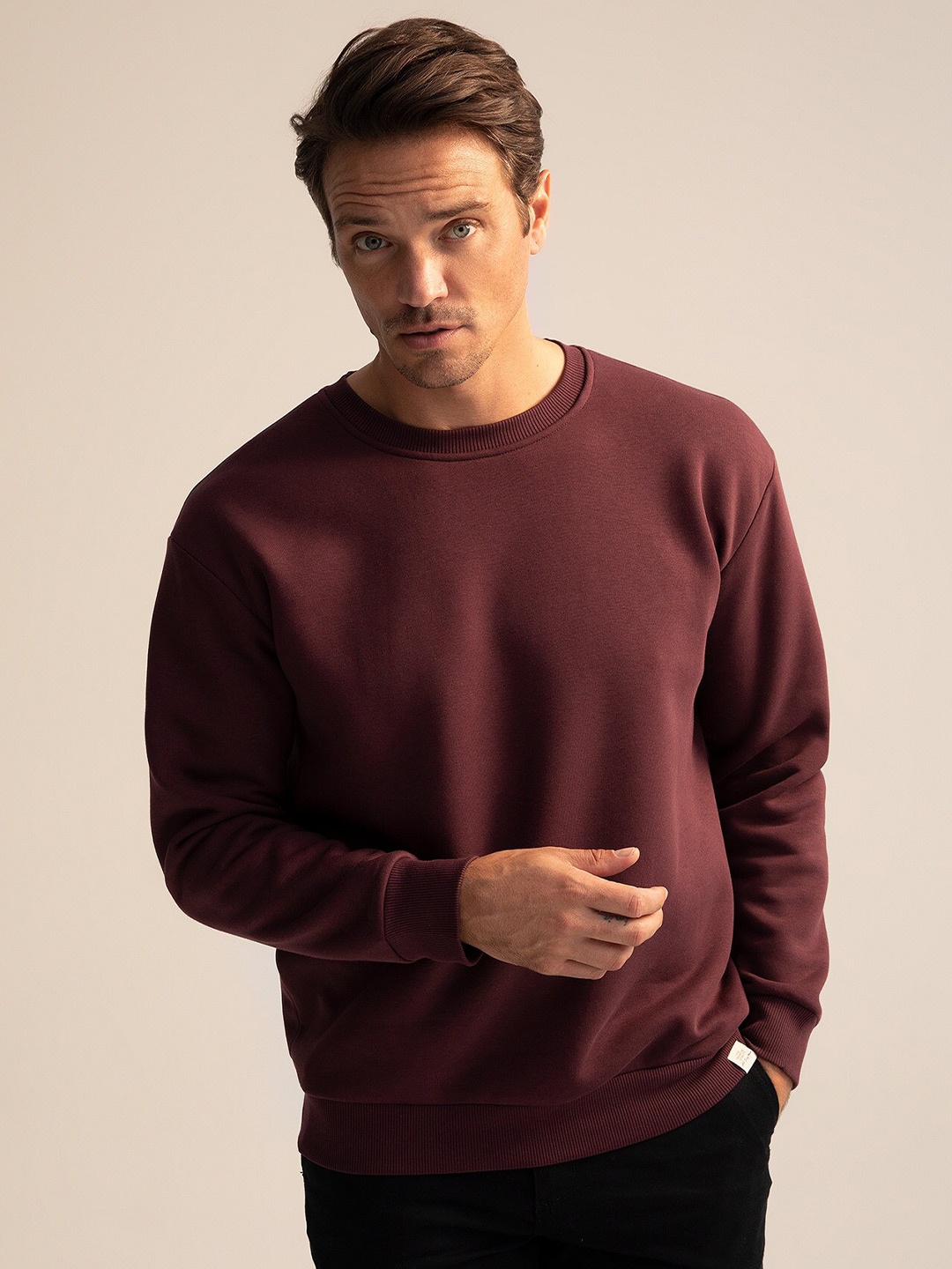 

DeFacto Round Neck Ribbed Hem Pullover, Brown