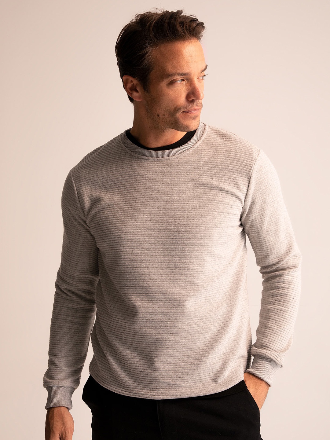 

DeFacto Round Neck Striped Ribbed Pullover, Cream