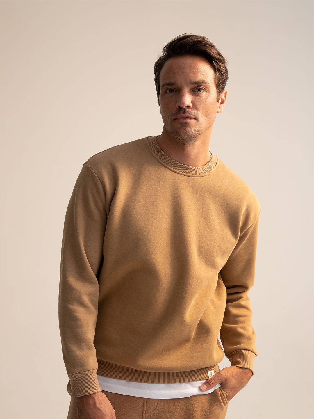 

DeFacto Round Neck Ribbed Cotton Pullover, Tan