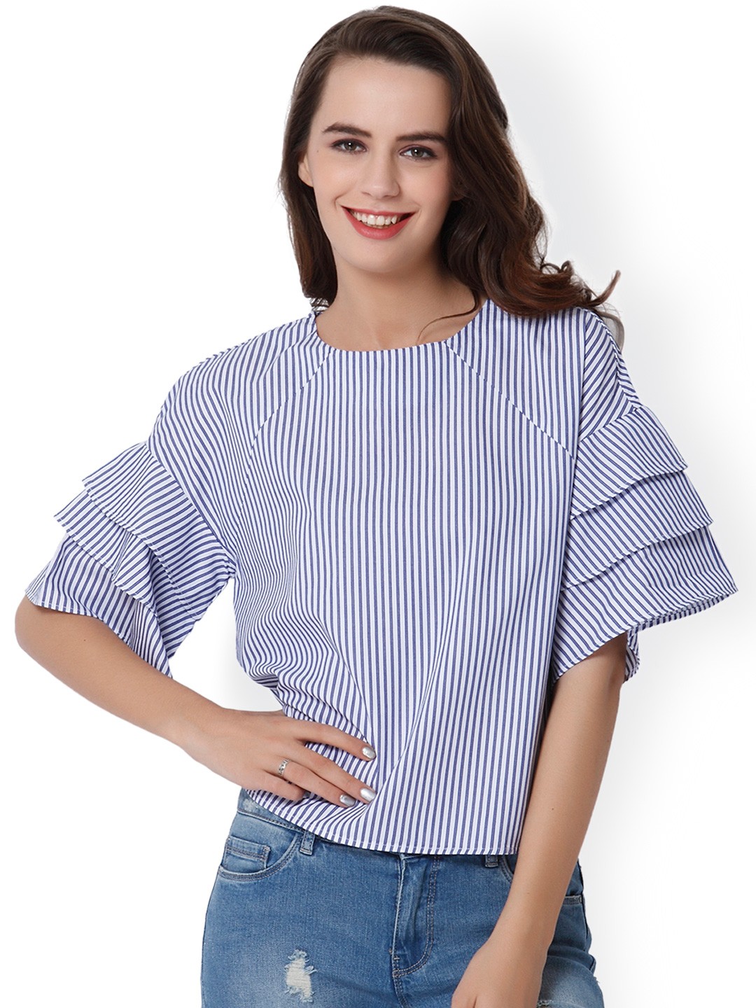 

ONLY Women Blue & White Striped Pure Cotton Top