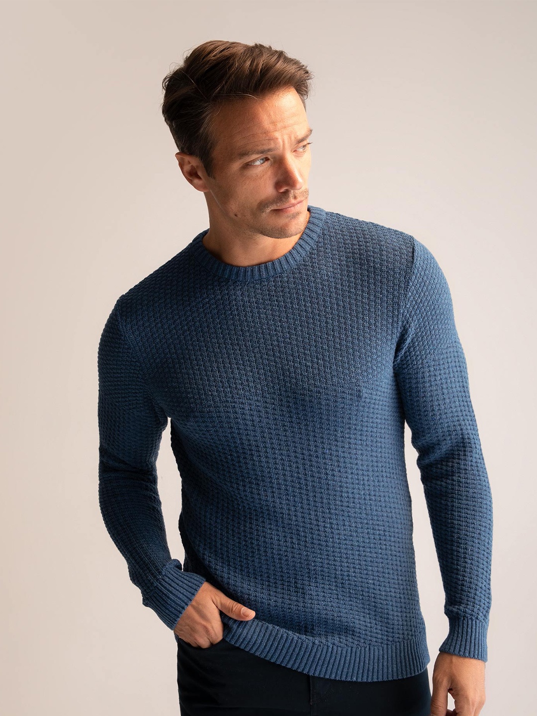 

DeFacto Round Neck Ribbed Pullover, Blue