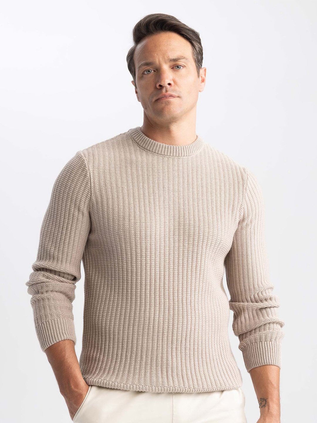 

DeFacto Round Neck Ribbed Pullover, Brown