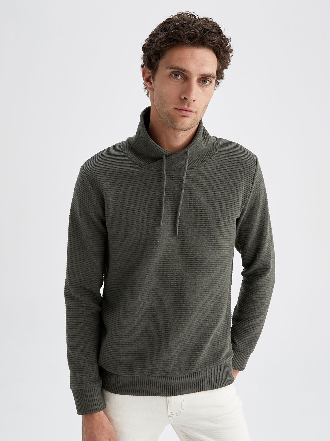 

DeFacto Hooded Long Sleeves Ribbed Knitted Pullover, Olive