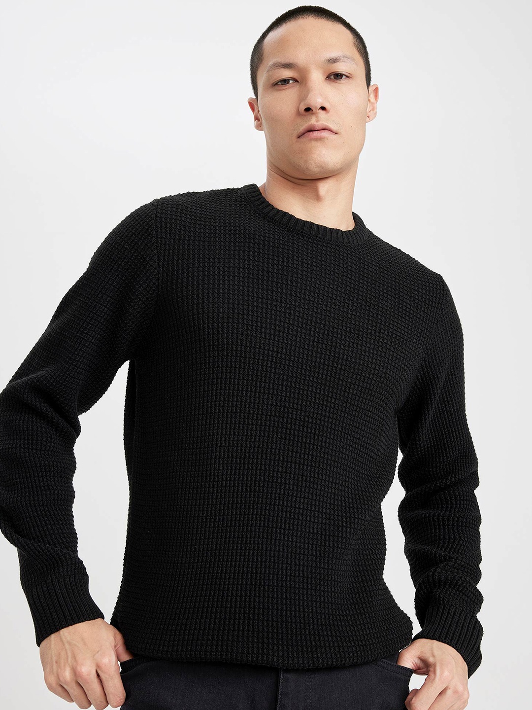 

DeFacto Round Neck Acrylic Ribbed Pullover, Black