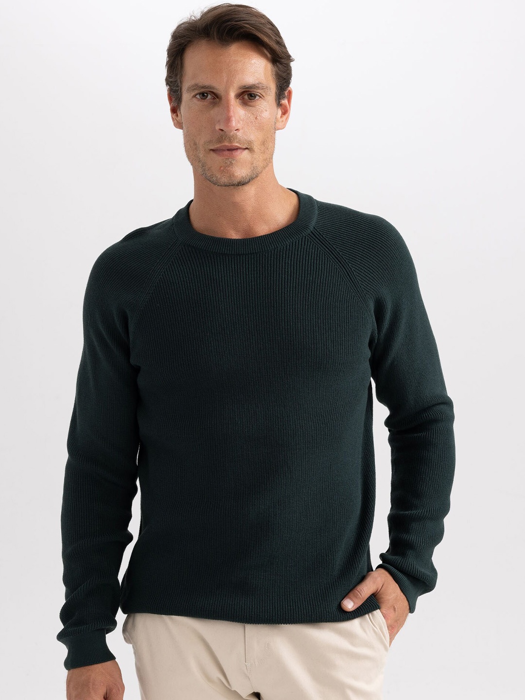 

DeFacto Ribbed Round Neck Raglan Sleeve Pullover, Green