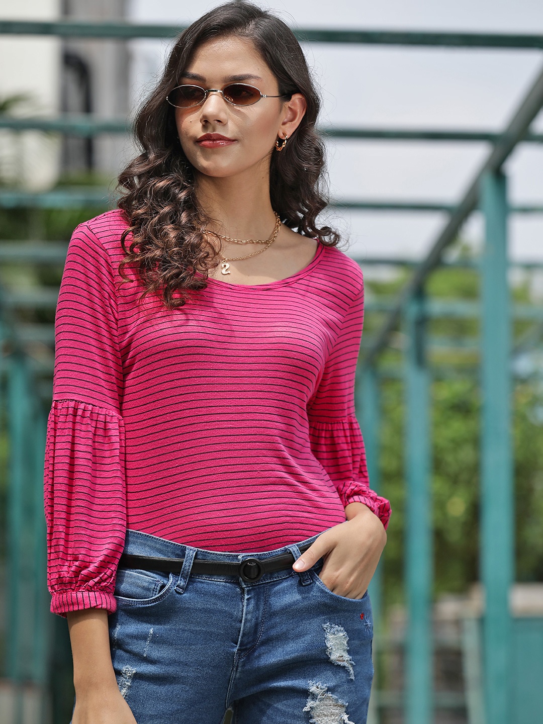 

ONLY Women Pink & Black Striped Top