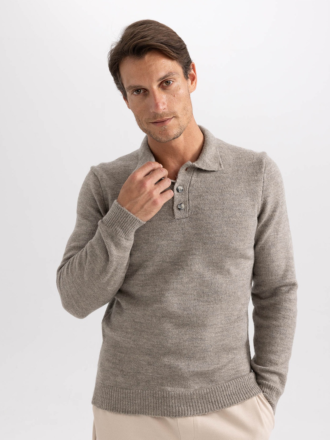 

DeFacto Shirt Collar Pullover Sweater, Grey
