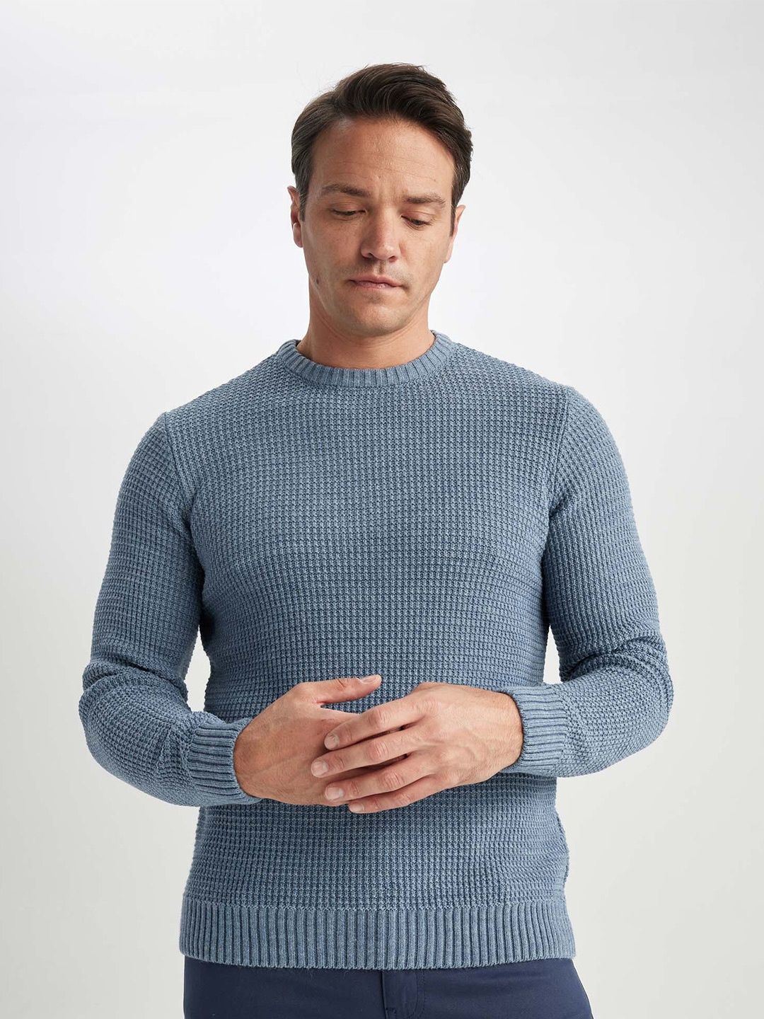 

DeFacto Ribbed Round Neck Pullover, Blue