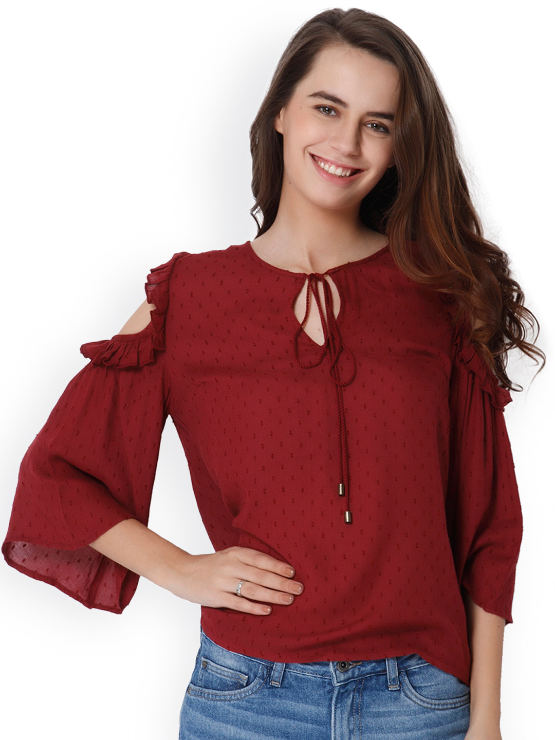

ONLY Women Maroon Self-Design Cold Shoulder Top