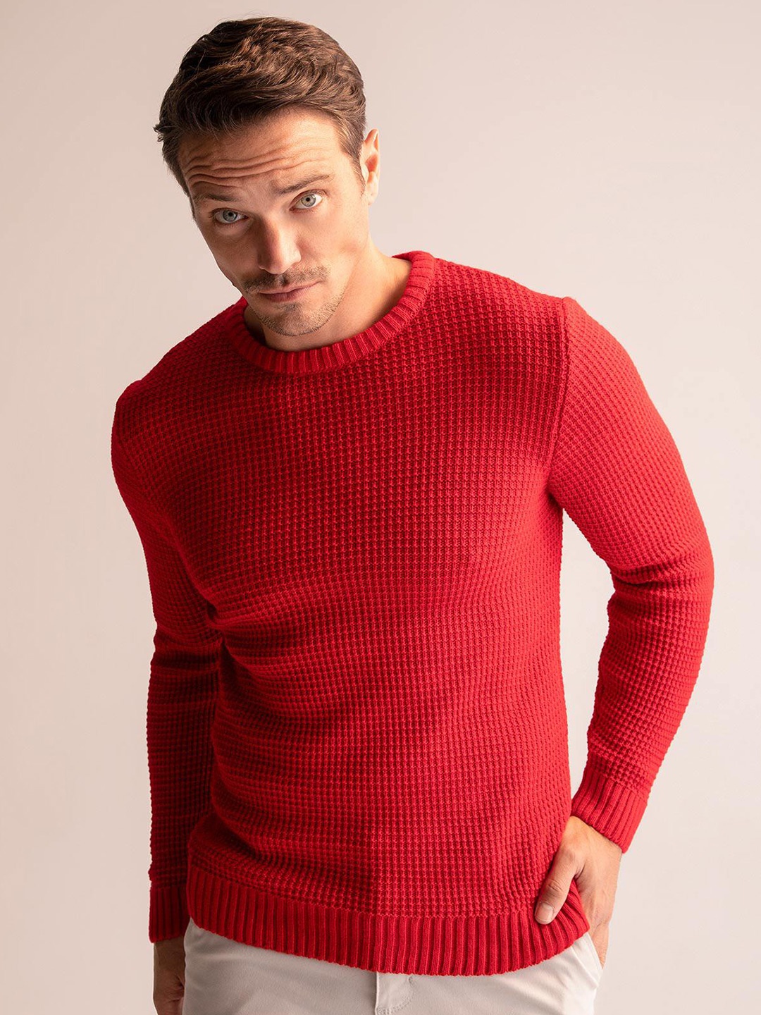 

DeFacto Round Neck Ribbed Pullover, Red