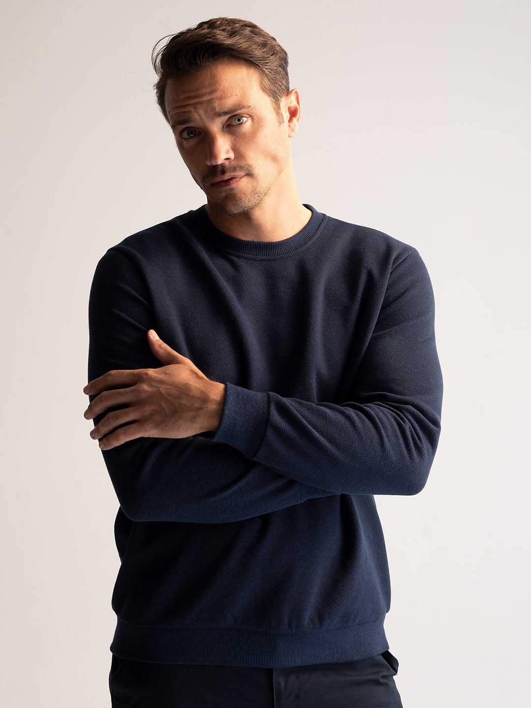 

DeFacto Round Neck Ribbed Cotton Pullover Sweatshirt, Navy blue