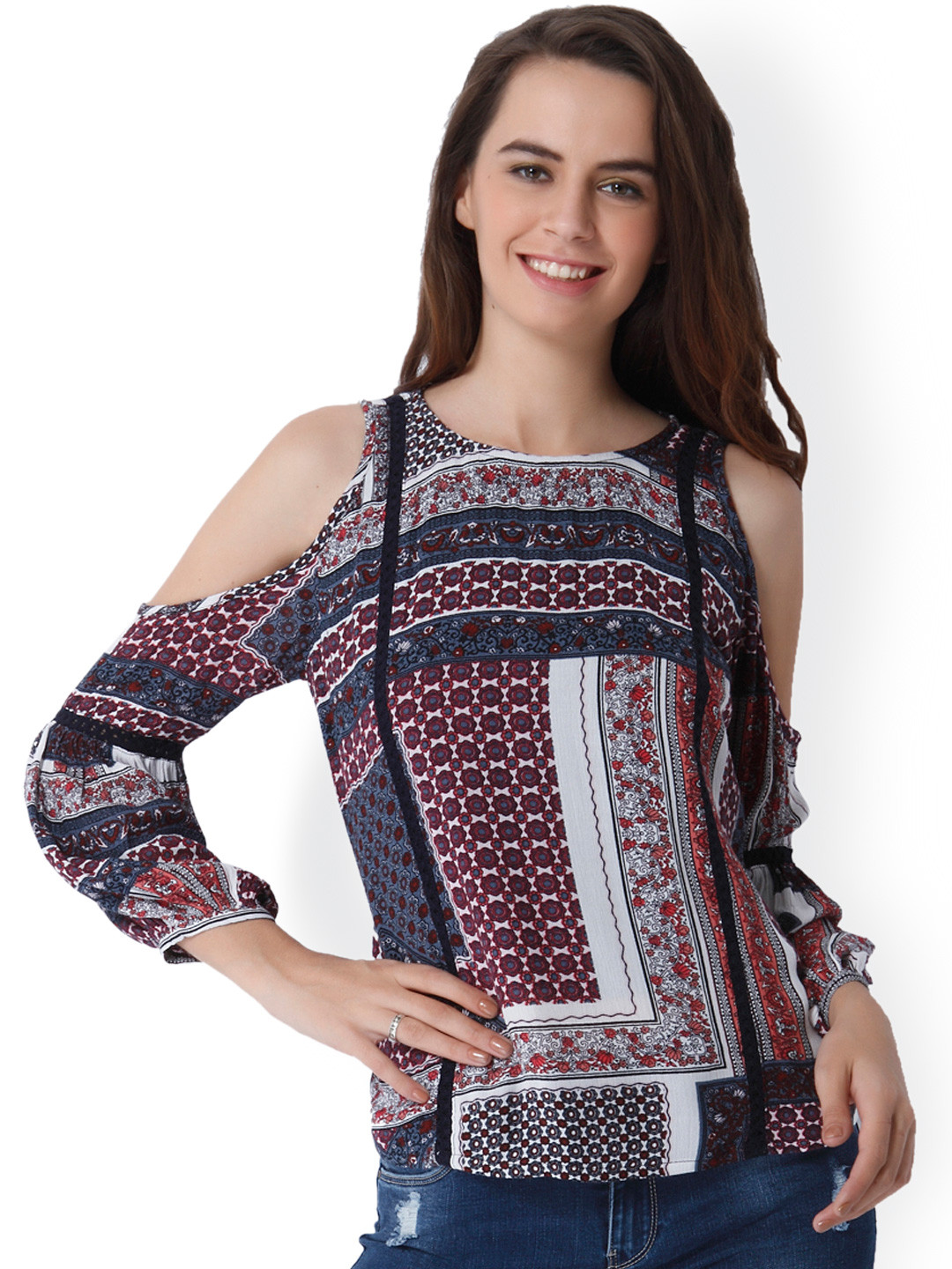 

ONLY Women Grey & Maroon Printed Top