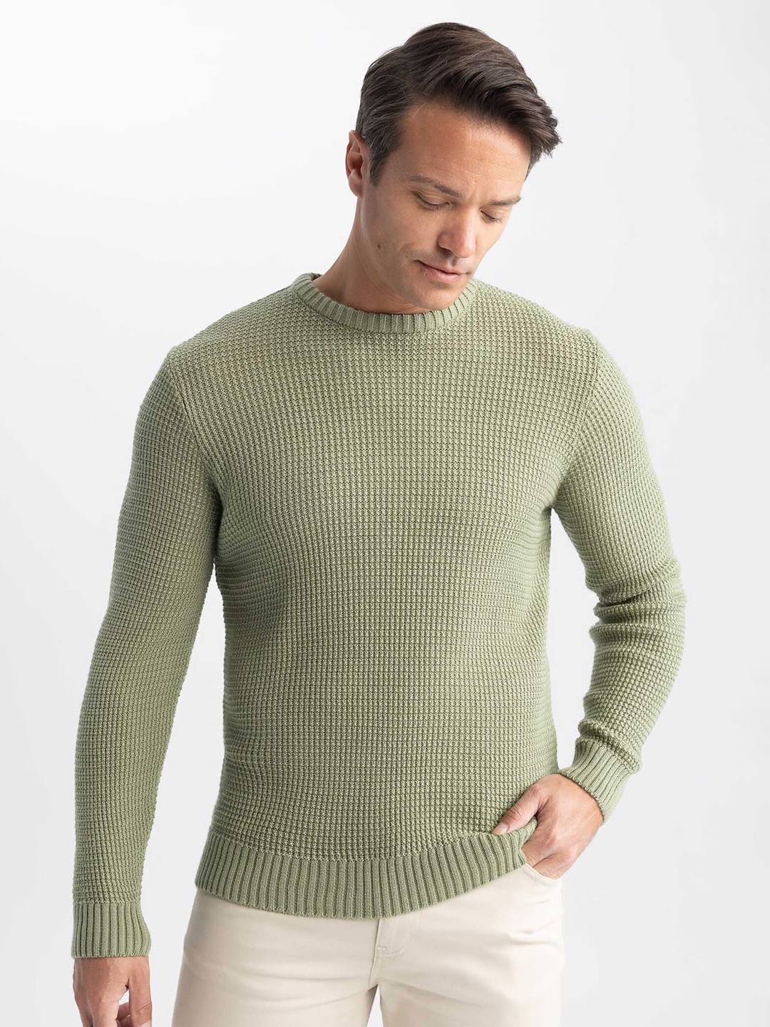 

DeFacto Ribbed Round Neck Acrylic Pullover Sweater, Green