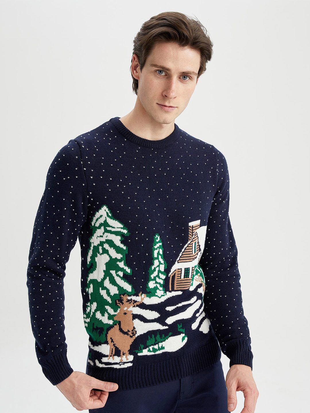 

DeFacto Graphic Printed Acrylic Pullover, Navy blue