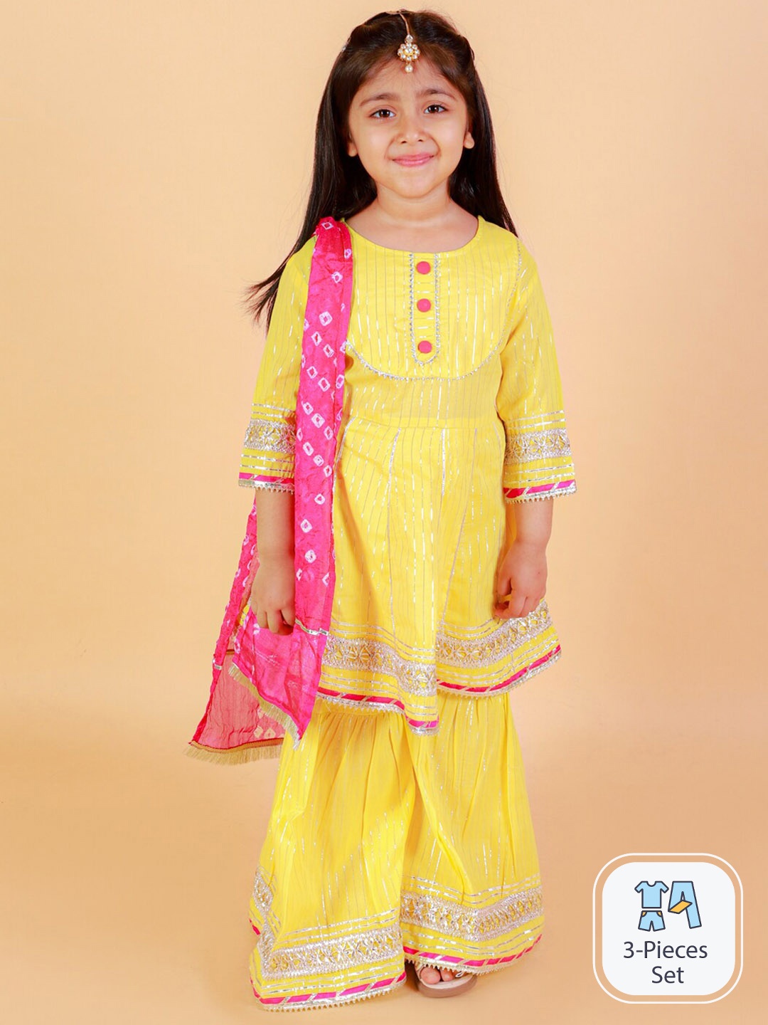 

BAESD Girls Ethnic Motifs Empire Pure Cotton Kurti & Sharara With Dupatta, Yellow
