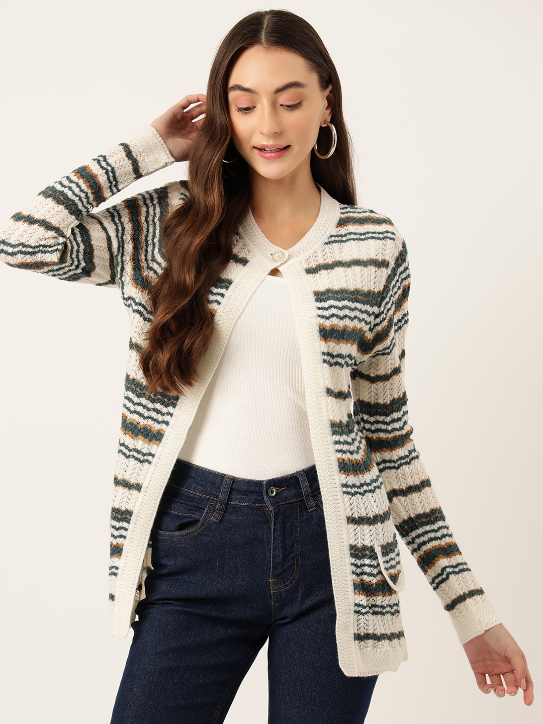 

Monte Carlo Self Striped Woollen Cardigan, White