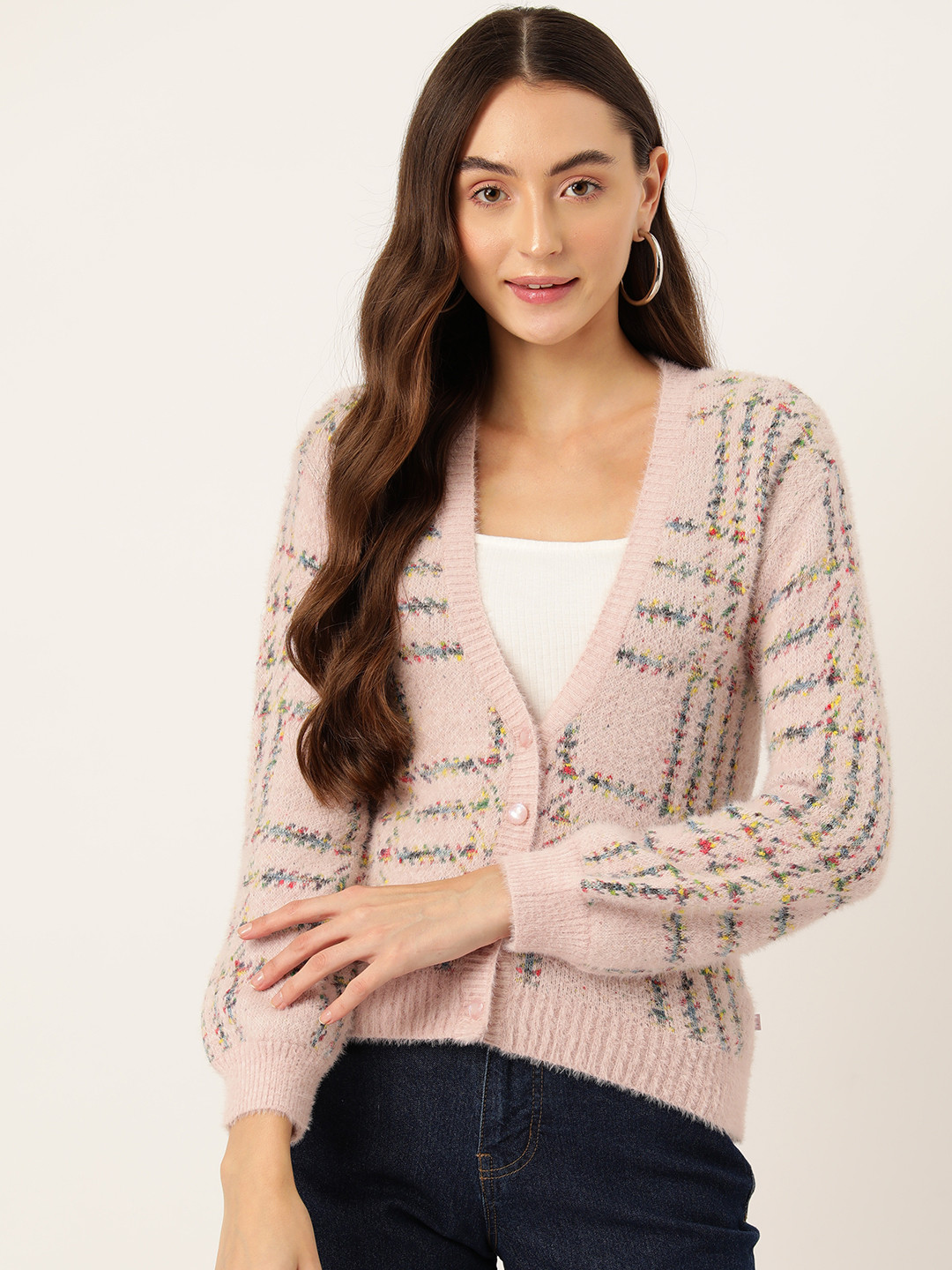 

Monte Carlo Fuzzy Self Design Woollen Cardigan, Pink
