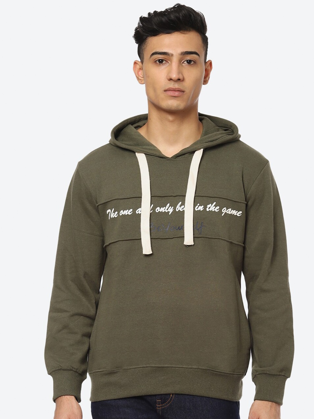 

2Bme Men Typography Printed Hooded Cotton Sweatshirt, Olive