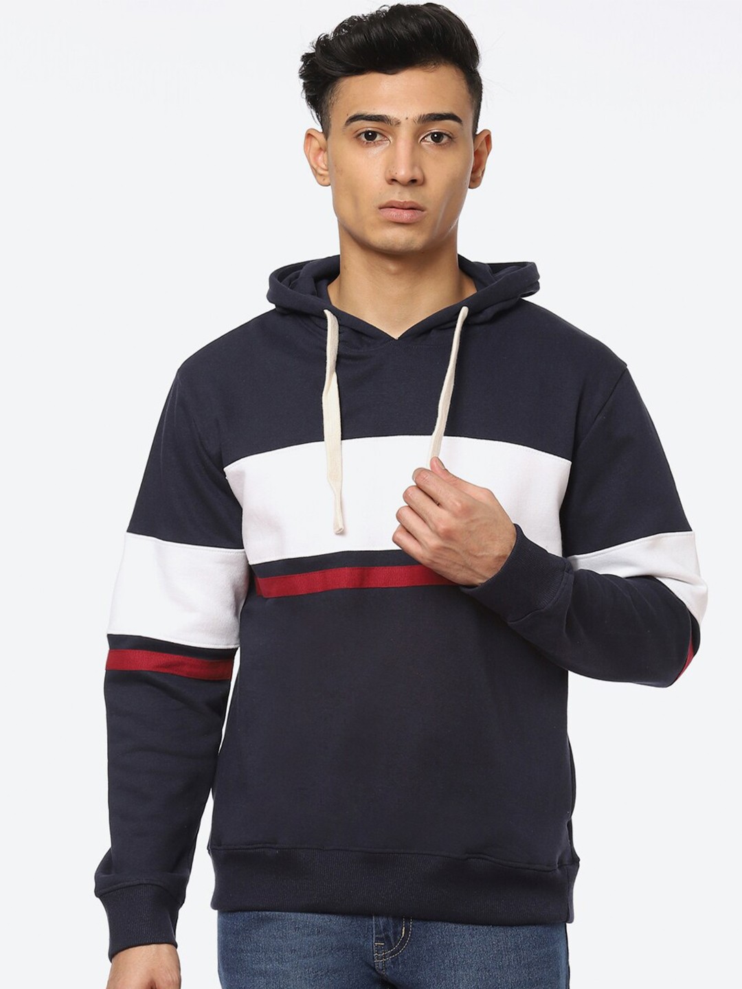 

2Bme Colourblocked Hooded Cotton Pullover, Navy blue