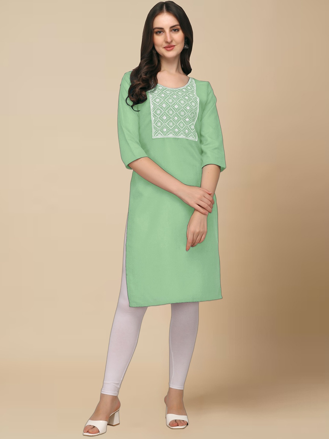 

Anjaneya Sarees Floral Yoke Design Thread Work Cotton Silk Kurta, Green
