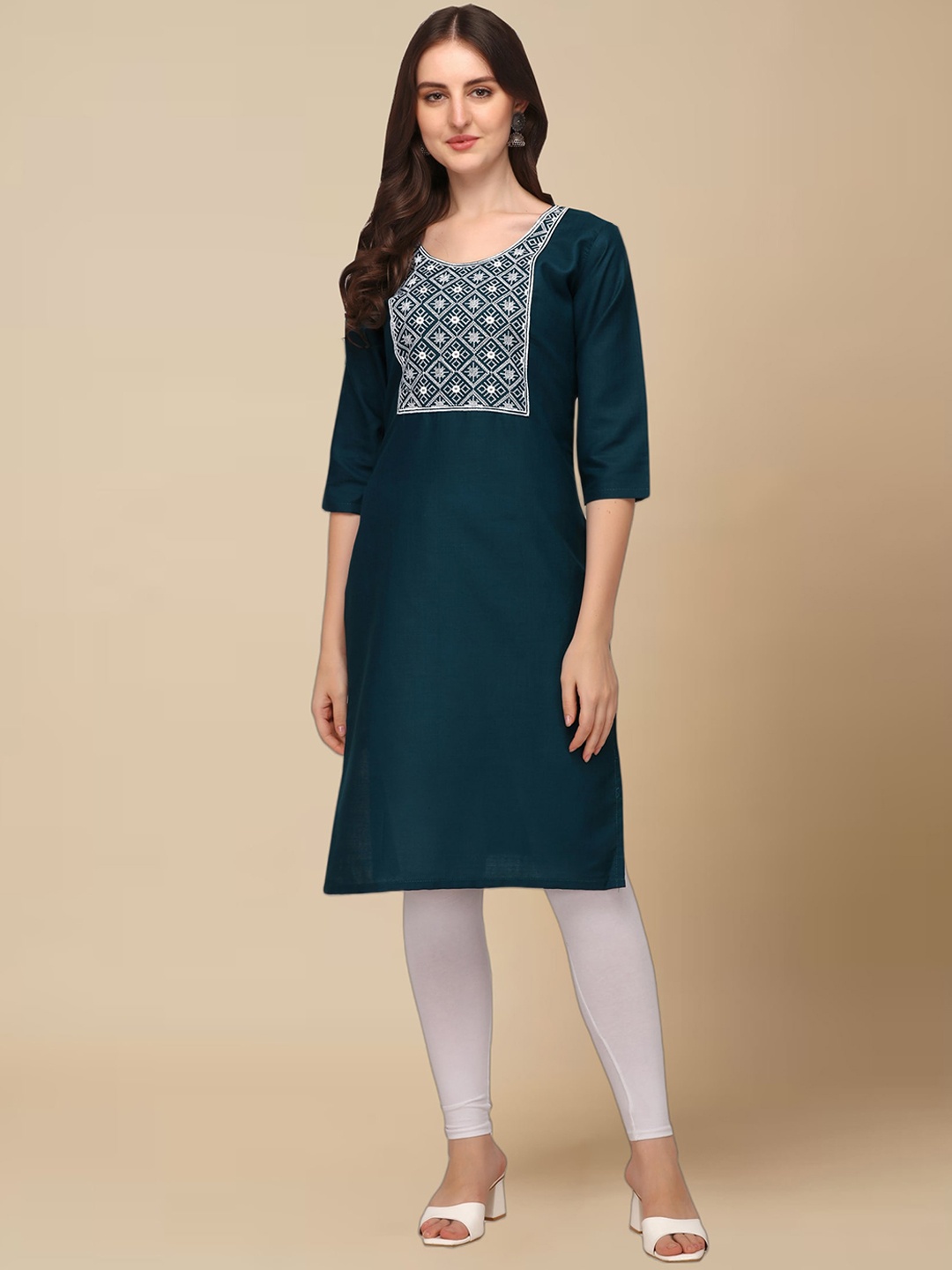 

Anjaneya Sarees Geometric Yoke Design Kutch Thread Work Cotton Silk Kurta, Turquoise blue