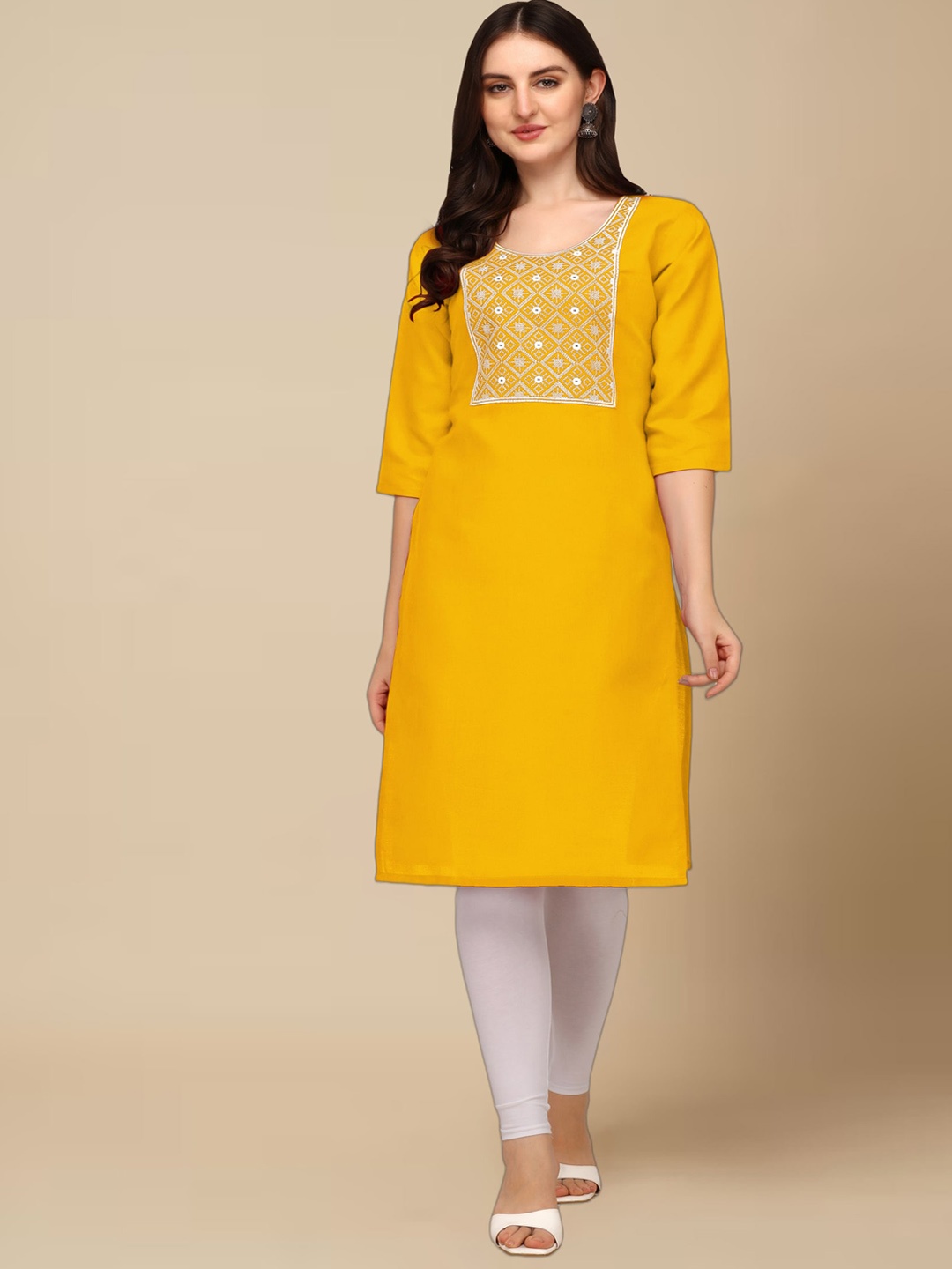 

Anjaneya Sarees Geometric Embroidered Yoke Mirror Work Straight Kurta, Yellow