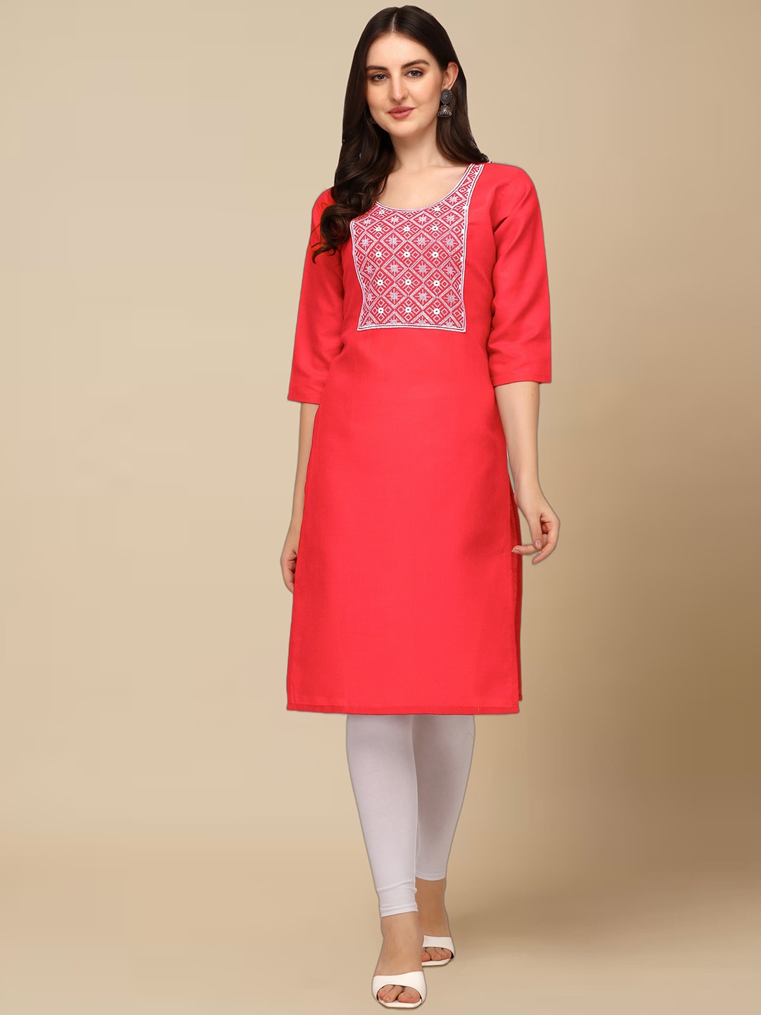 

Anjaneya Sarees Geometric Yoke Design Thread Work Kurta, Peach