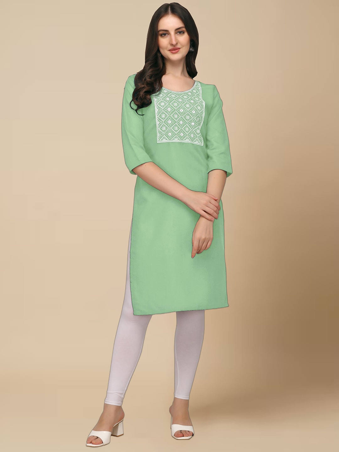 

Anjaneya Sarees Floral Yoke Design Thread Work Cotton Silk Kurta, Green