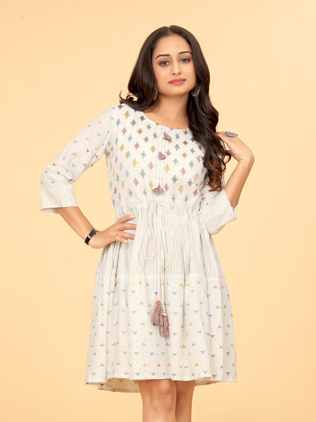 

Kesudi Geometric Embroidered Tie-Ups Detail Fit & Flare Mini Dress, White