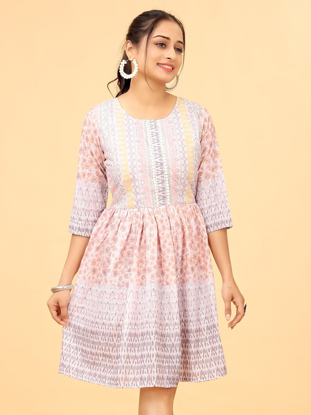 

Kesudi Geometric Printed Cotton Fit And Flare Dress, Pink