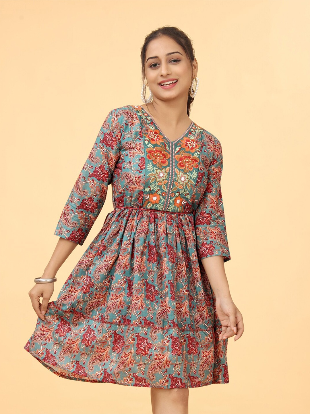 

Kesudi Ethnic Motifs Printed Cotton Fit And Flare Dress, Blue