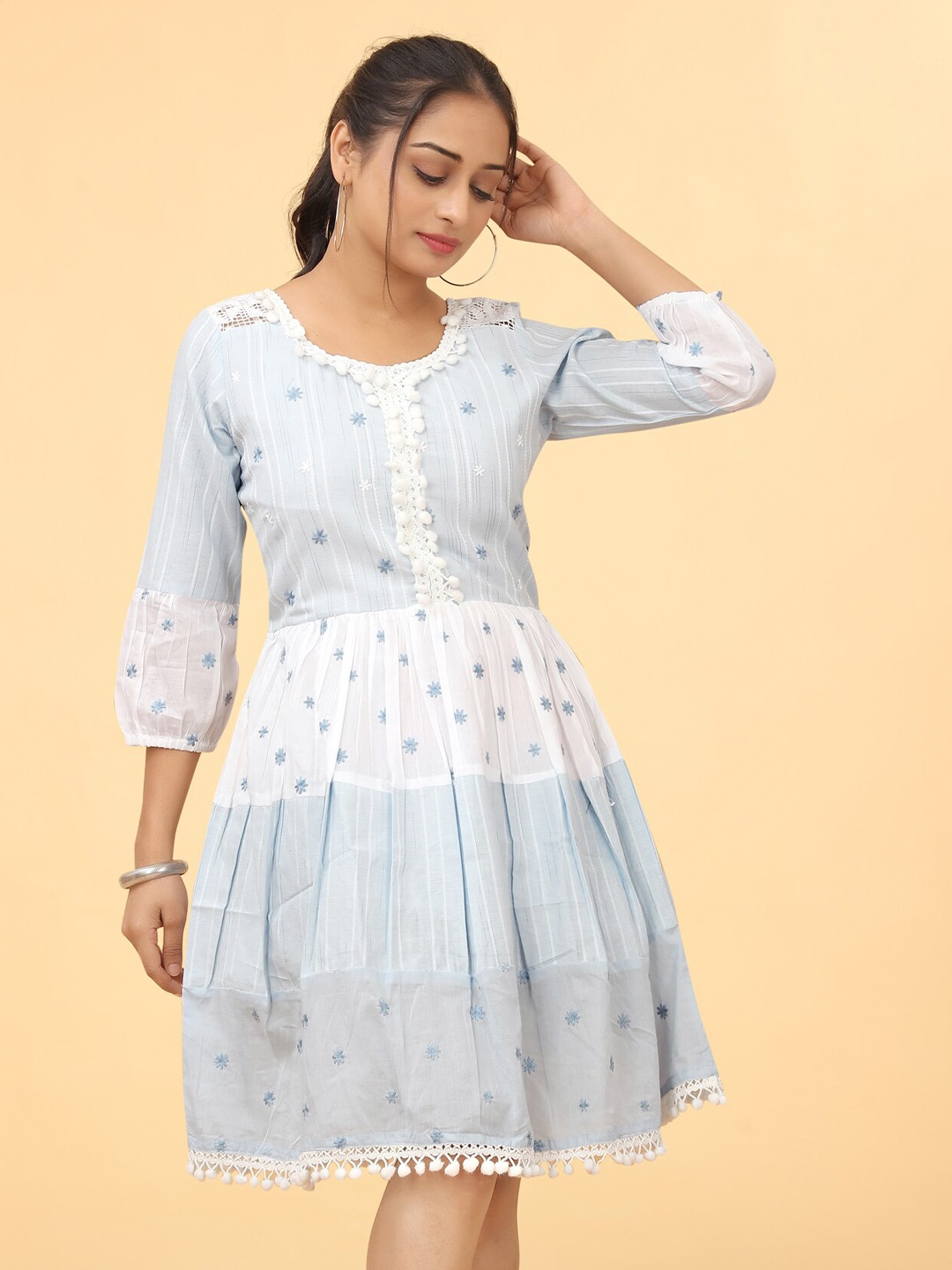 

Kesudi Floral Printed Cotton Fit And Flare Dress, Blue