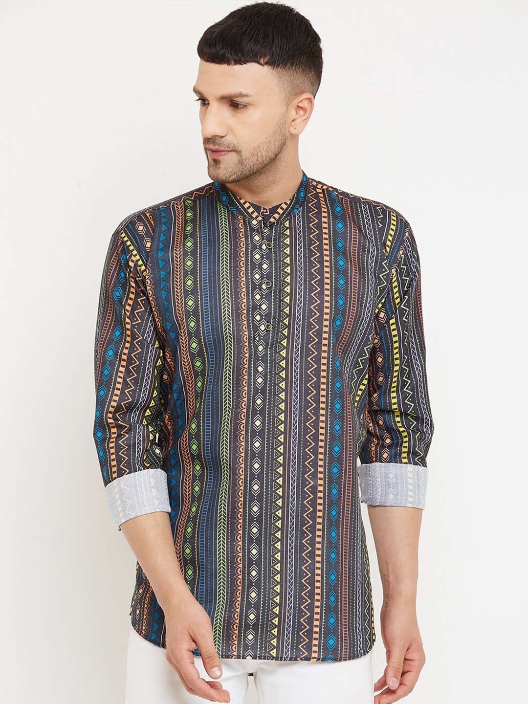 

Armaan Ethnic Relaxed Fit Printed Band Collar Cotton Casual Shirt, Black
