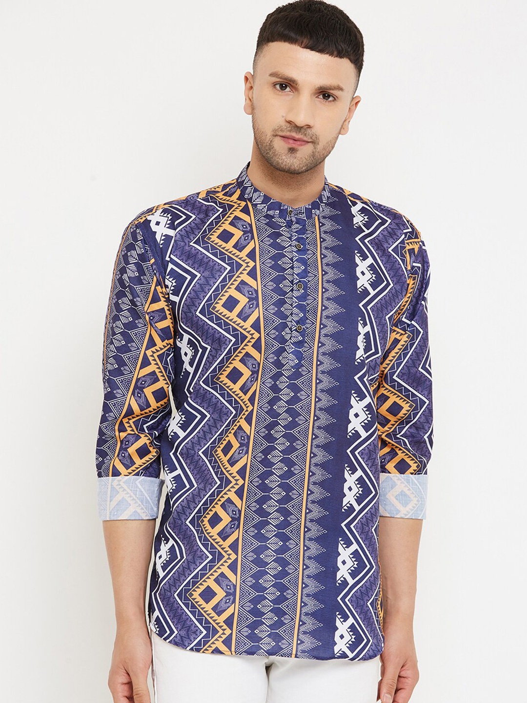 

Armaan Ethnic Relaxed Fit Printed Band Collar Cotton Casual Shirt, Blue