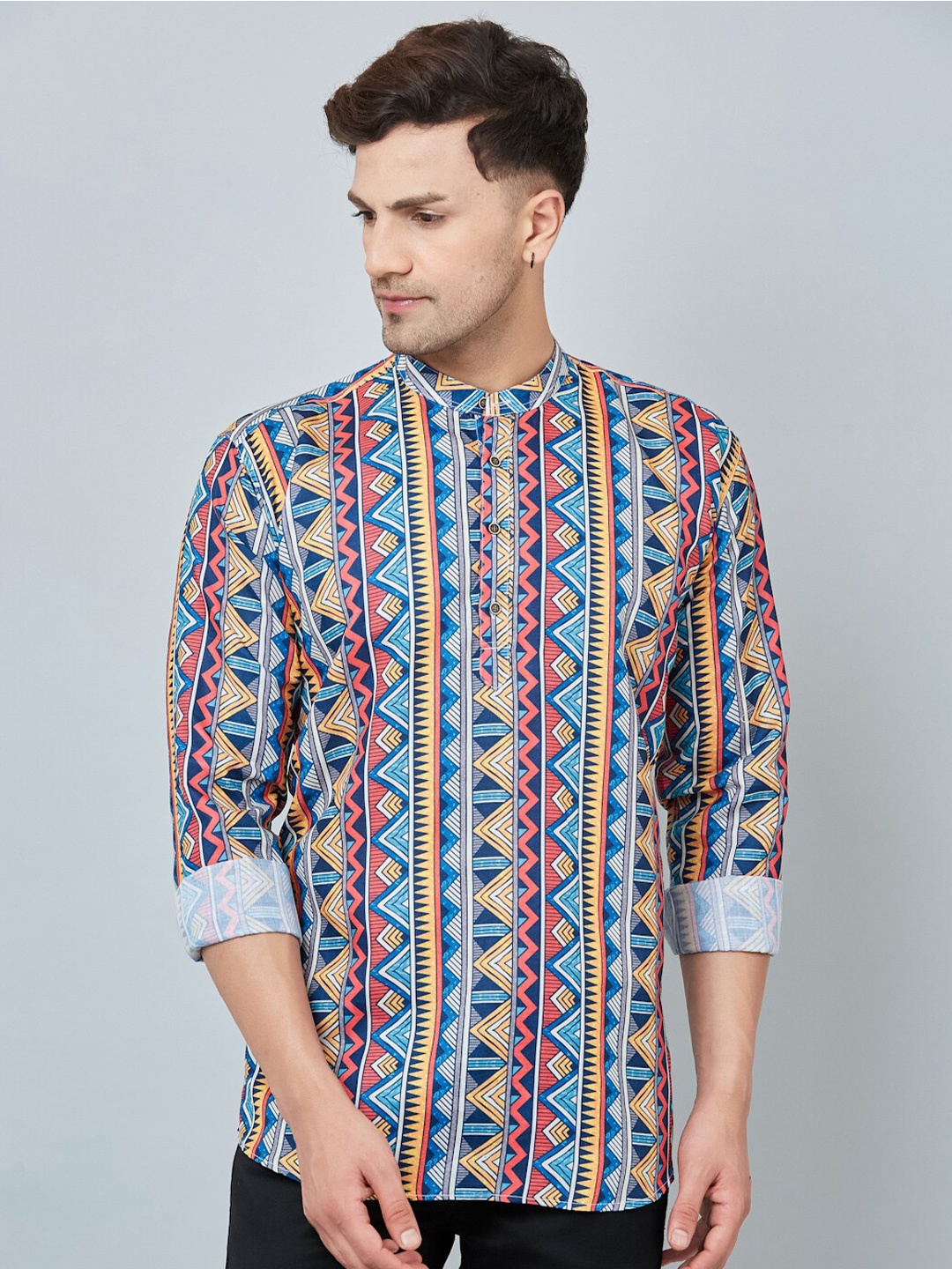 

Armaan Ethnic Relaxed Fit Geometric Printed Band Collar Cotton Casual Shirt, Yellow