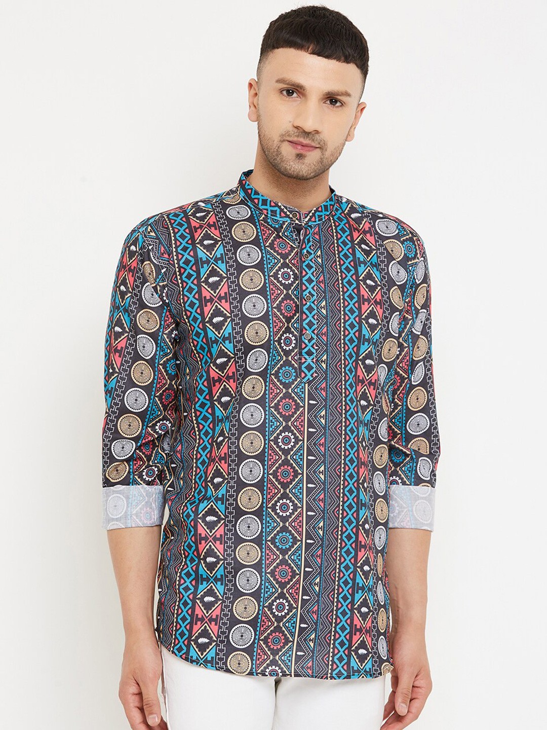 

Armaan Ethnic Printed Relaxed Mandarin Collar Cotton Casual Shirt, Blue