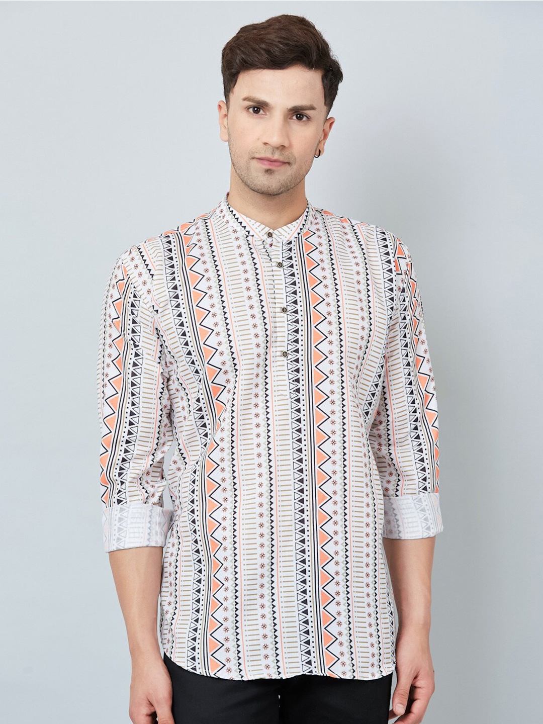 

Armaan Ethnic Printed Relaxed Mandarin Collar Cotton Casual Shirt, White