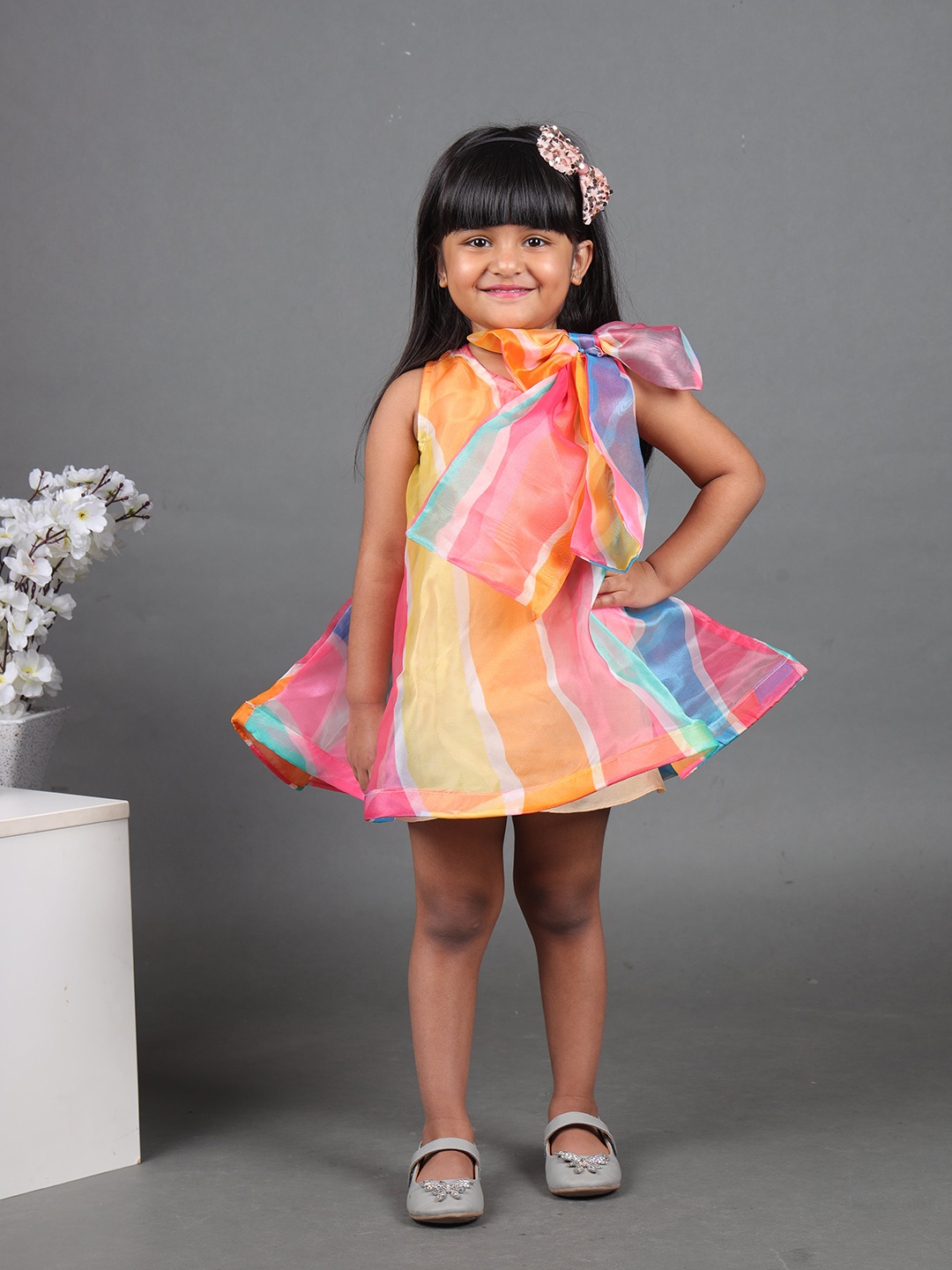 

Maaikid Girls Striped A-Line Dress With A Big Bow Knot At Neckline, Orange