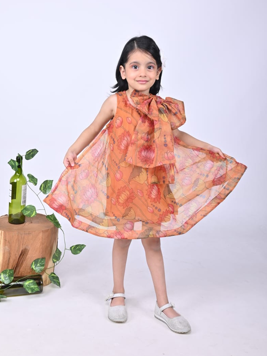 

Maaikid Floral Printed Bow Detailed A-Line Dress, Orange
