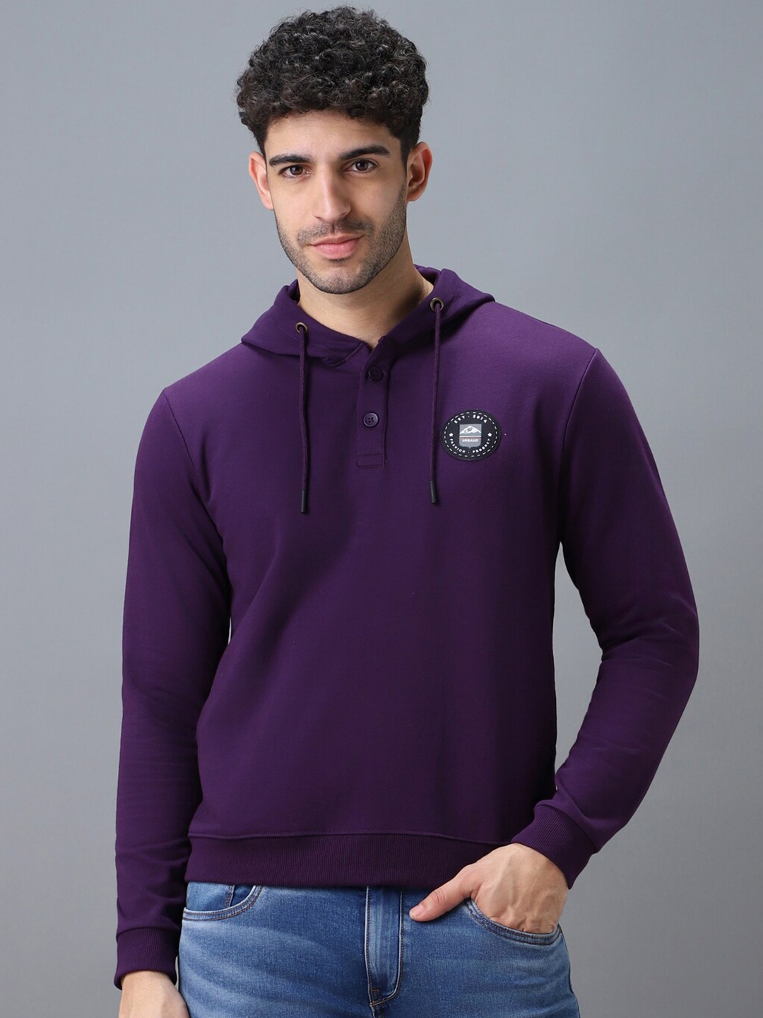 

Urbano Fashion Men Solid Applique Cotton Hooded Sweatshirt, Purple