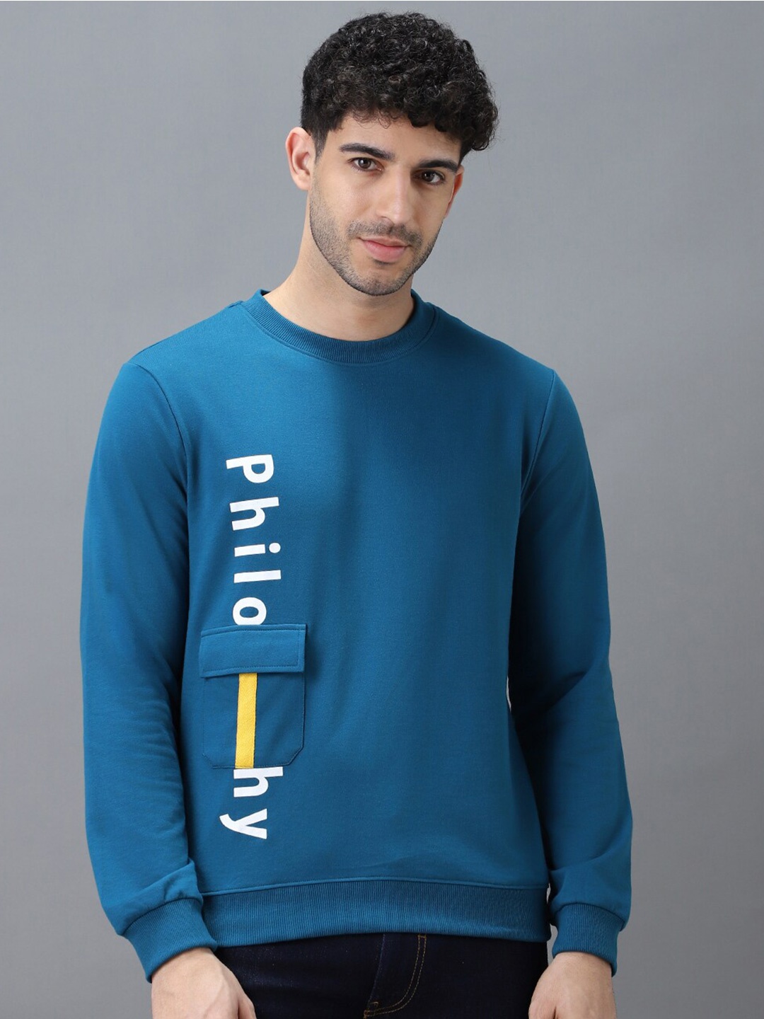 

Urbano Fashion Men Cotton Graphic Print Round Neck Sweatshirt, Teal
