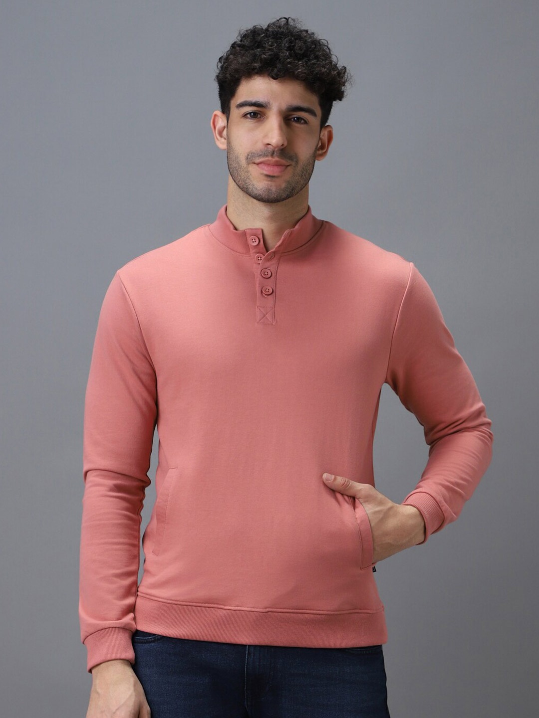 

Urbano Fashion Cotton Solid Button Henley Neck Sweatshirt, Pink