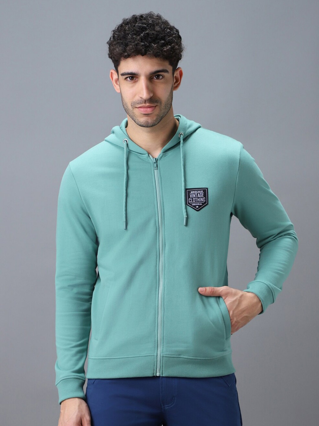 

Urbano Fashion Men Solid Applique Hooded Front-Open Sweatshirt, Green