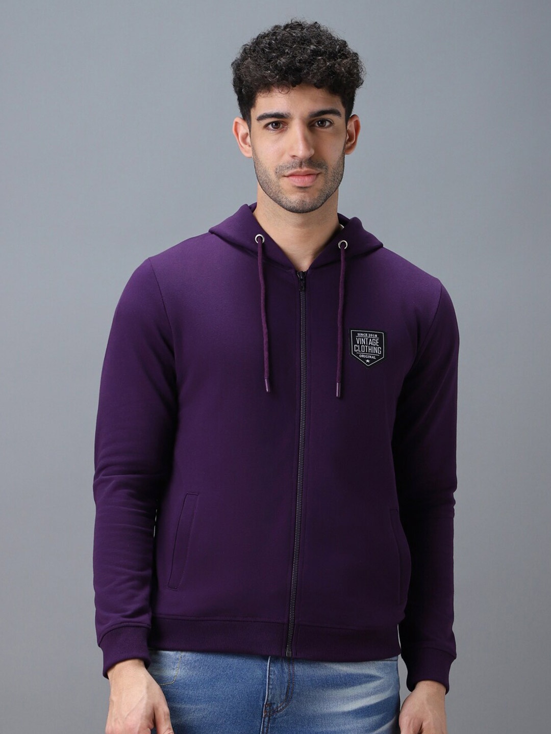 

Urbano Fashion Men Solid Applique Hooded Front-Open Sweatshirt, Purple