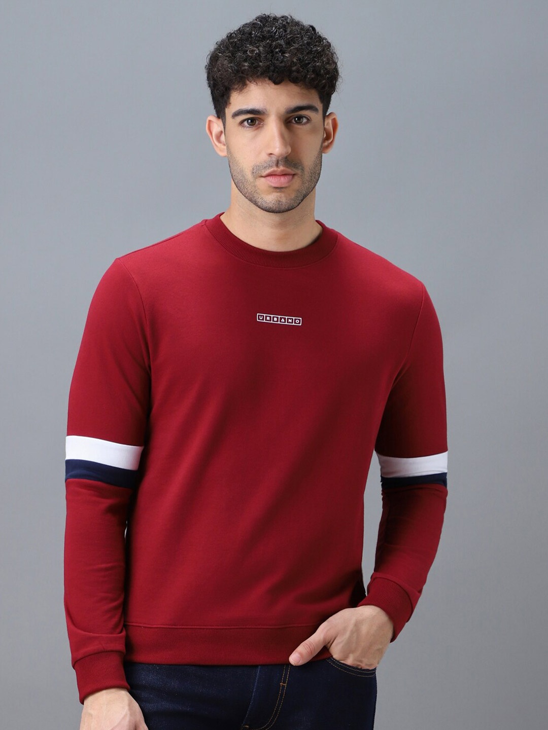 

Urbano Fashion Men Solid Sweatshirt With Minimal Typography print & Striped Detail, Maroon