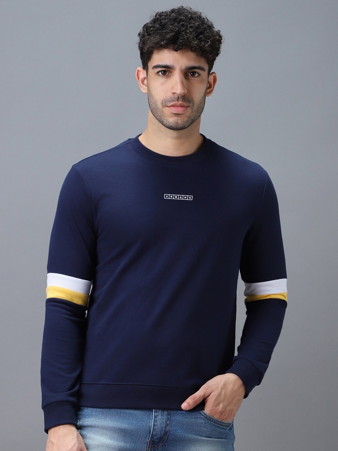 

Urbano Fashion Cotton Colourblocked Round Neck Sweatshirt, Blue